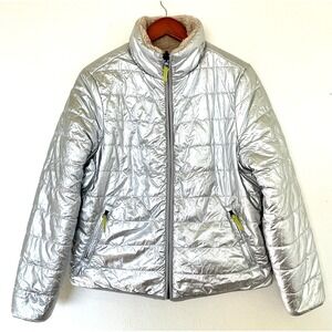Boden‎ Womens Reversible Borg Puffer Jacket Size 8 Silver Metallic Cool Winter